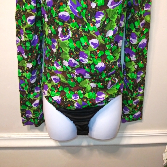 Zara Purple Black Green Floral, Padded Shoulder Deep Neckline Faux Wrap Bodysuit - Picture 5 of 12